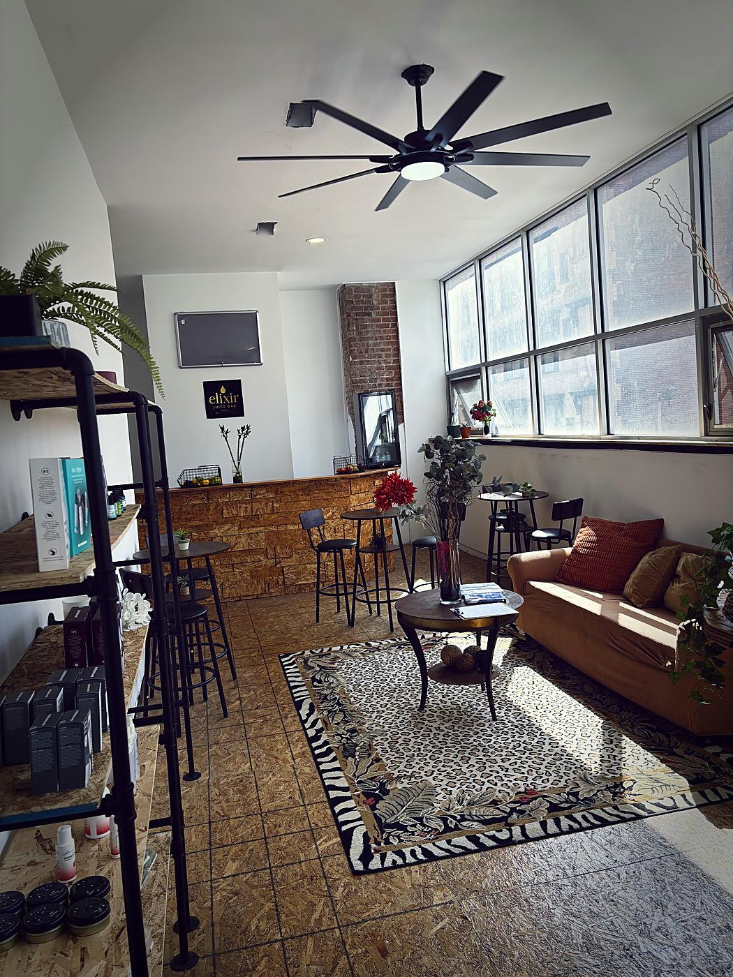 Retail shelving and lounge seating in natural light